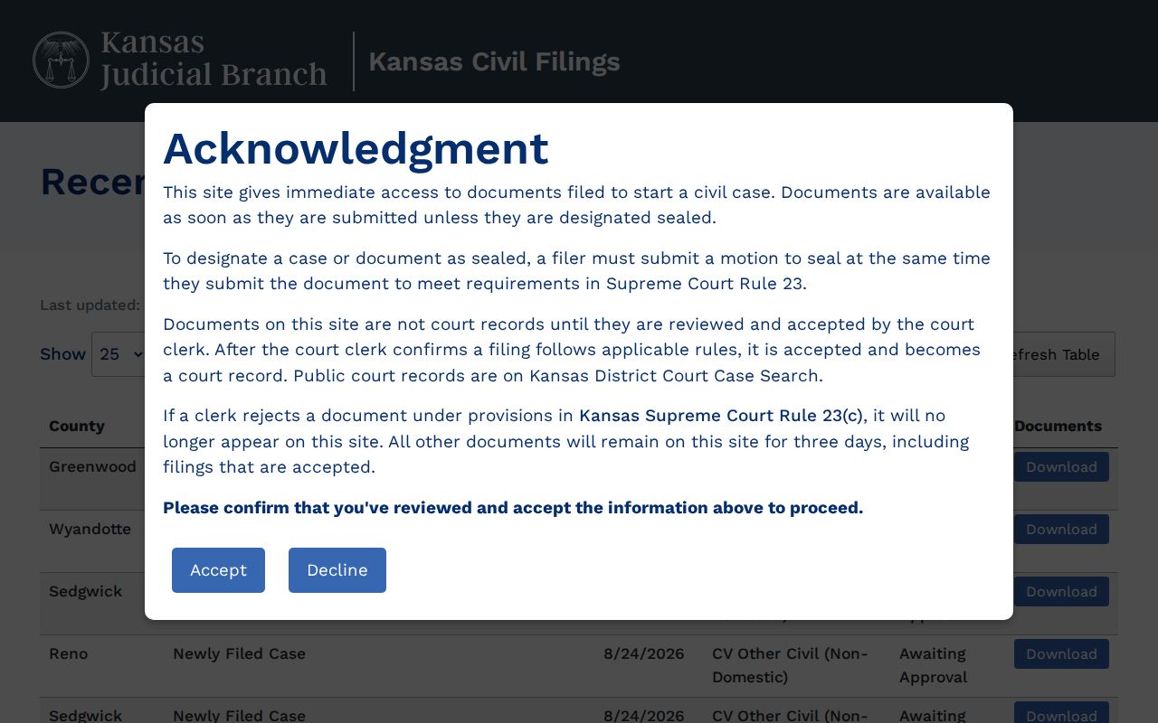 Kansas public new civil filings feed used for Wyandotte cases